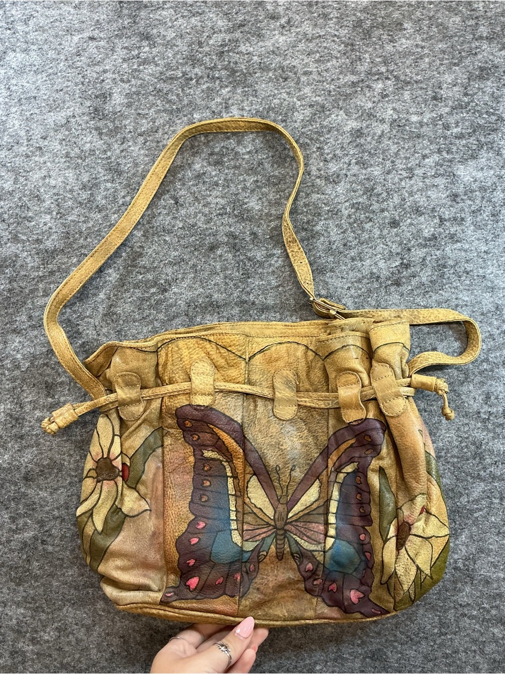 VINTAGE 70s Boho Yellow Hand-Painted Butterfly Shoulder Bag
